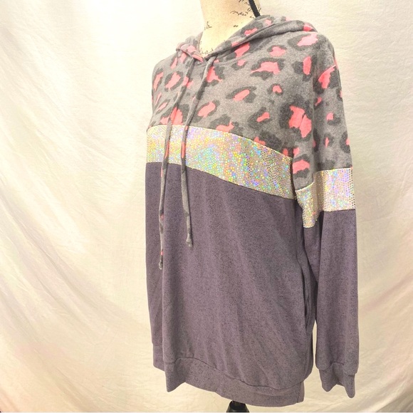 Sequin Embellished Pink and Gray Animal Print Attached Hood Sweatshirt NWT S - Picture 5 of 13